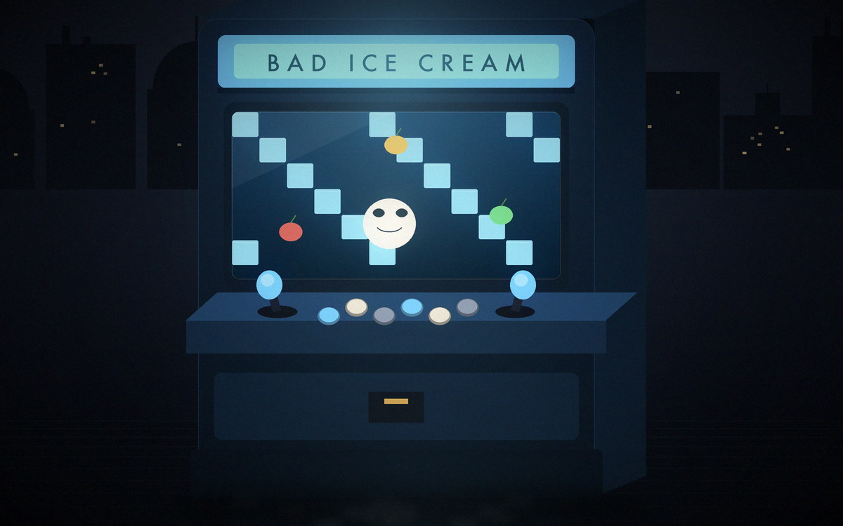 Illustration of an arcade cabinet showing a pixel maze of ice blocks and fruit