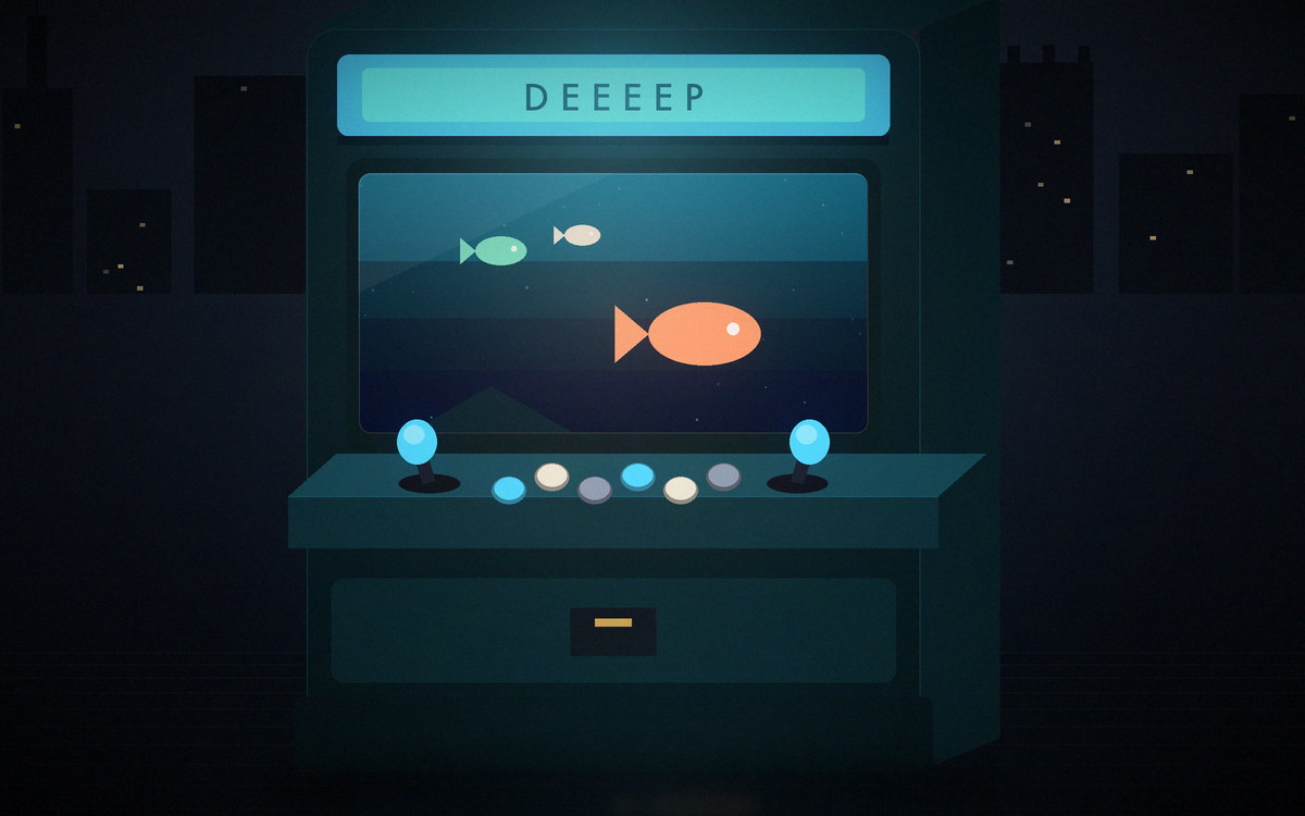 Illustration of an arcade cabinet showing layered ocean depths and sea creatures