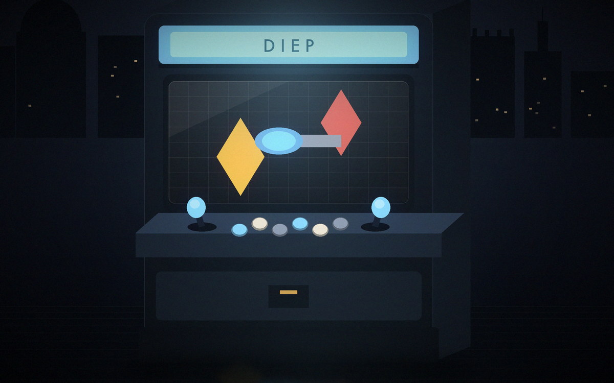 Illustration of an arcade cabinet showing a round tank and geometric shapes on a grid