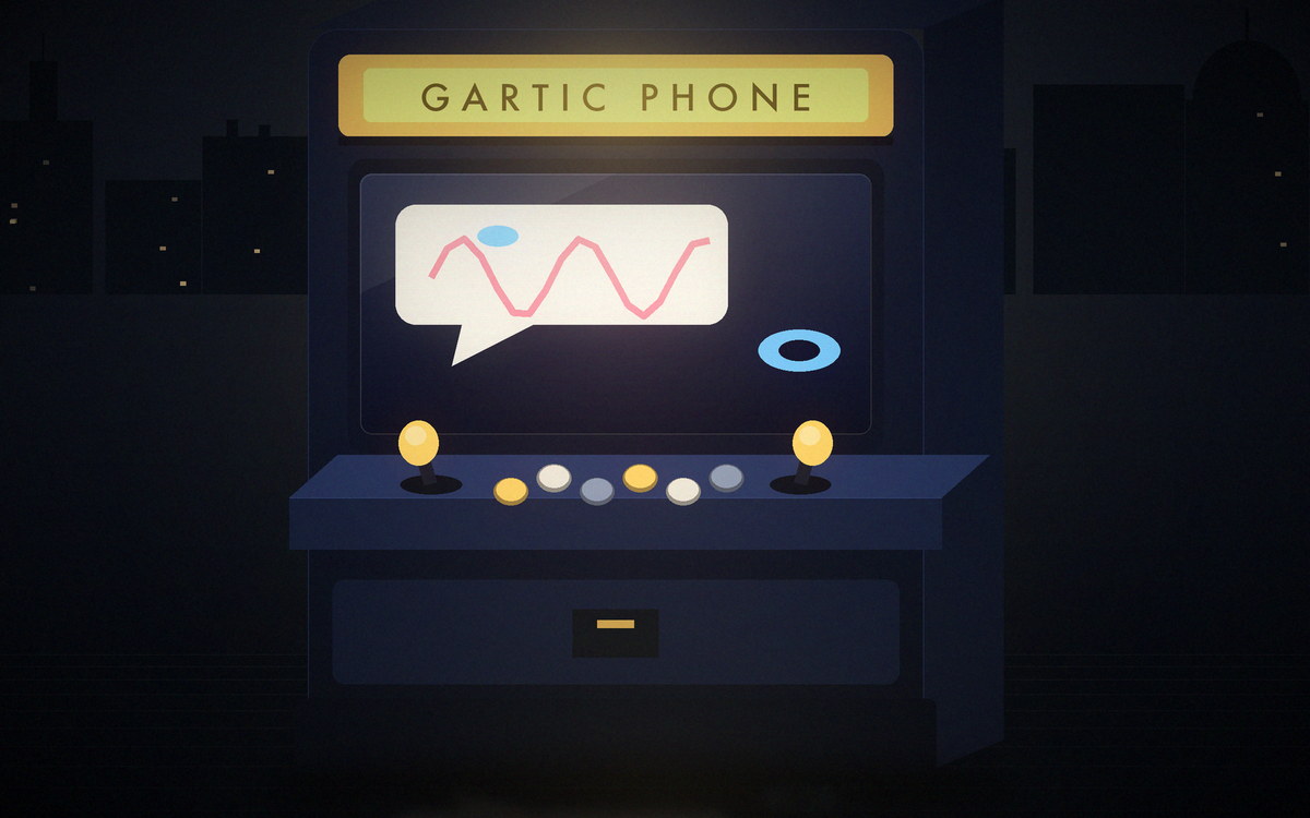 Illustration of an arcade cabinet showing a speech bubble with a scribbled drawing
