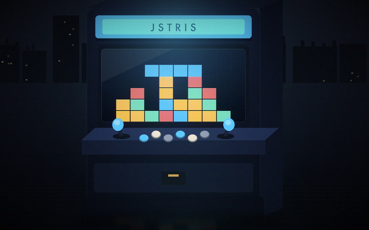 Illustration of an arcade cabinet showing a stack of coloured blocks on a grid