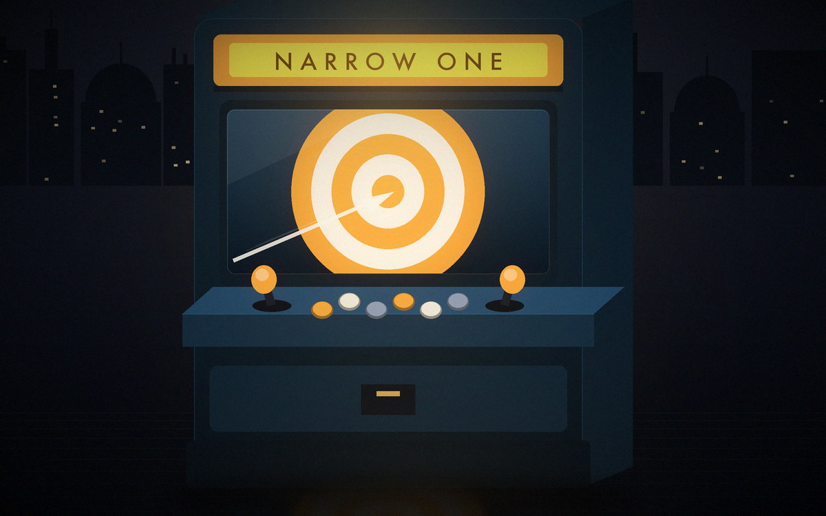 Illustration of an arcade cabinet showing an archery target and an arrow in flight