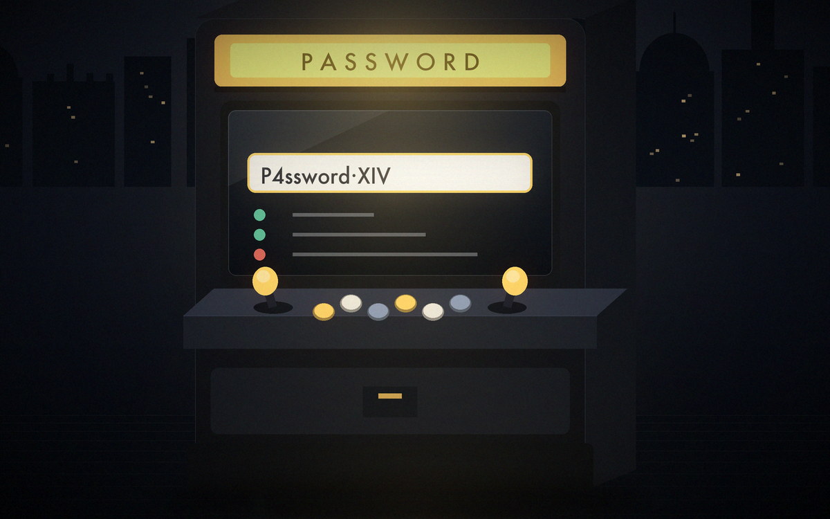 Illustration of an arcade cabinet showing a password field with rules ticking off