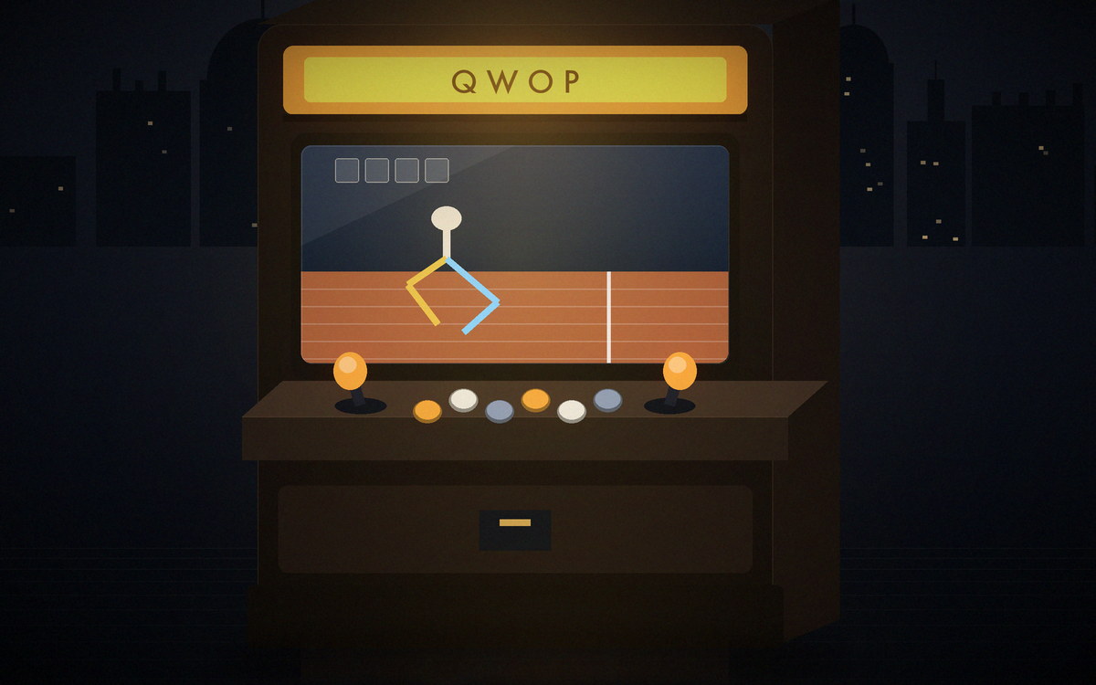 Illustration of an arcade cabinet showing a running track and a tumbling figure