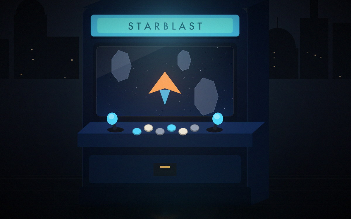 Illustration of an arcade cabinet showing a starfield with a ship and asteroids