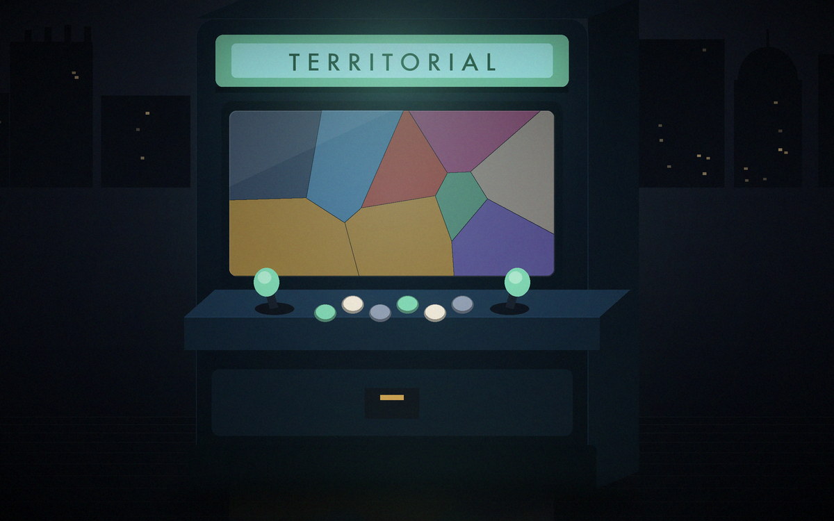 Illustration of an arcade cabinet showing a map divided into coloured territories
